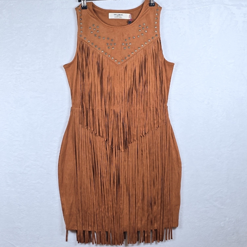Idyllwind Garland Hippie Studded Fringe Faux Suede Sleeveless Mini Dress Sz.M - Picture 2 of 16
